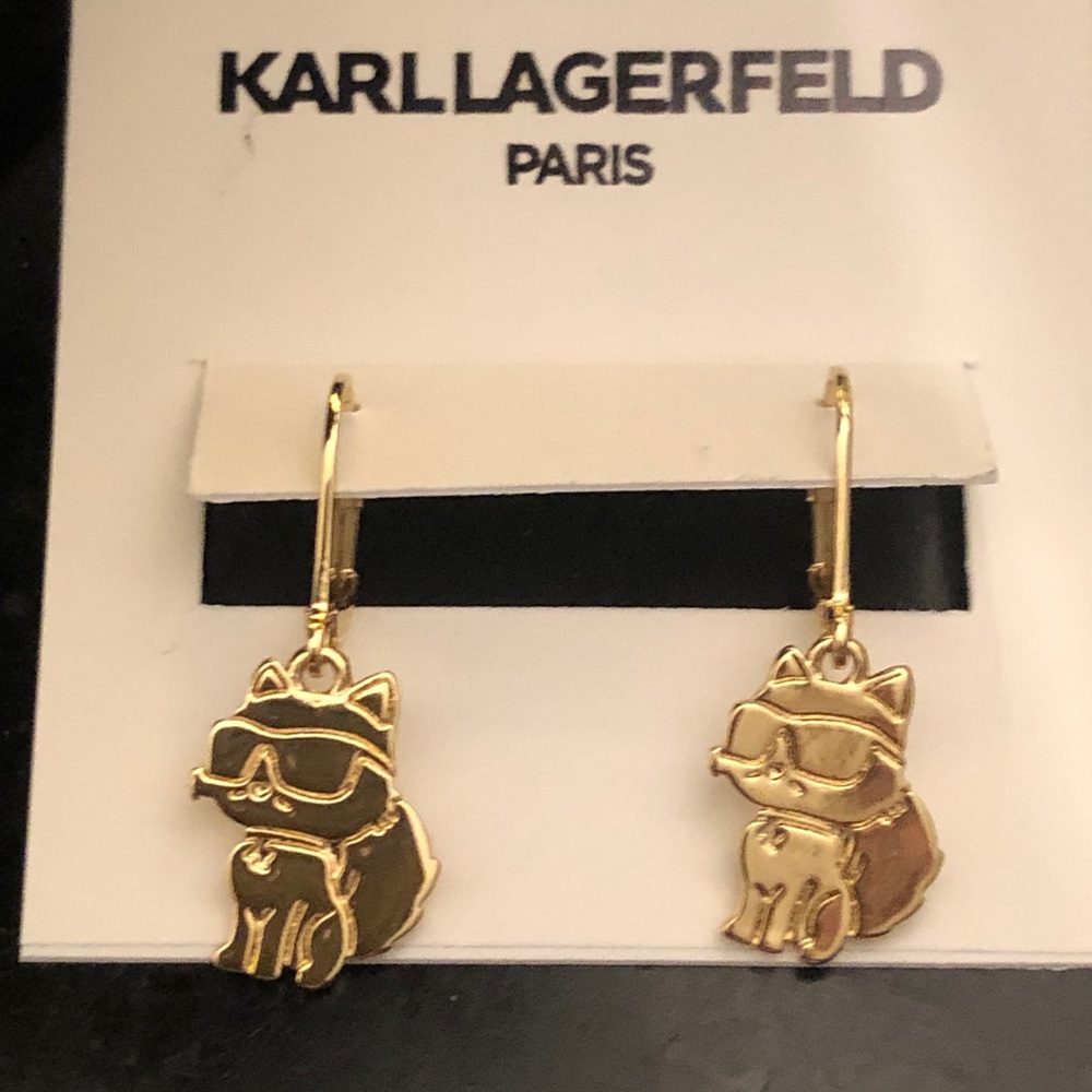Karl Lagerfeld Paris Polished Gold Tone Choupette Cat Drop Earrings NWT